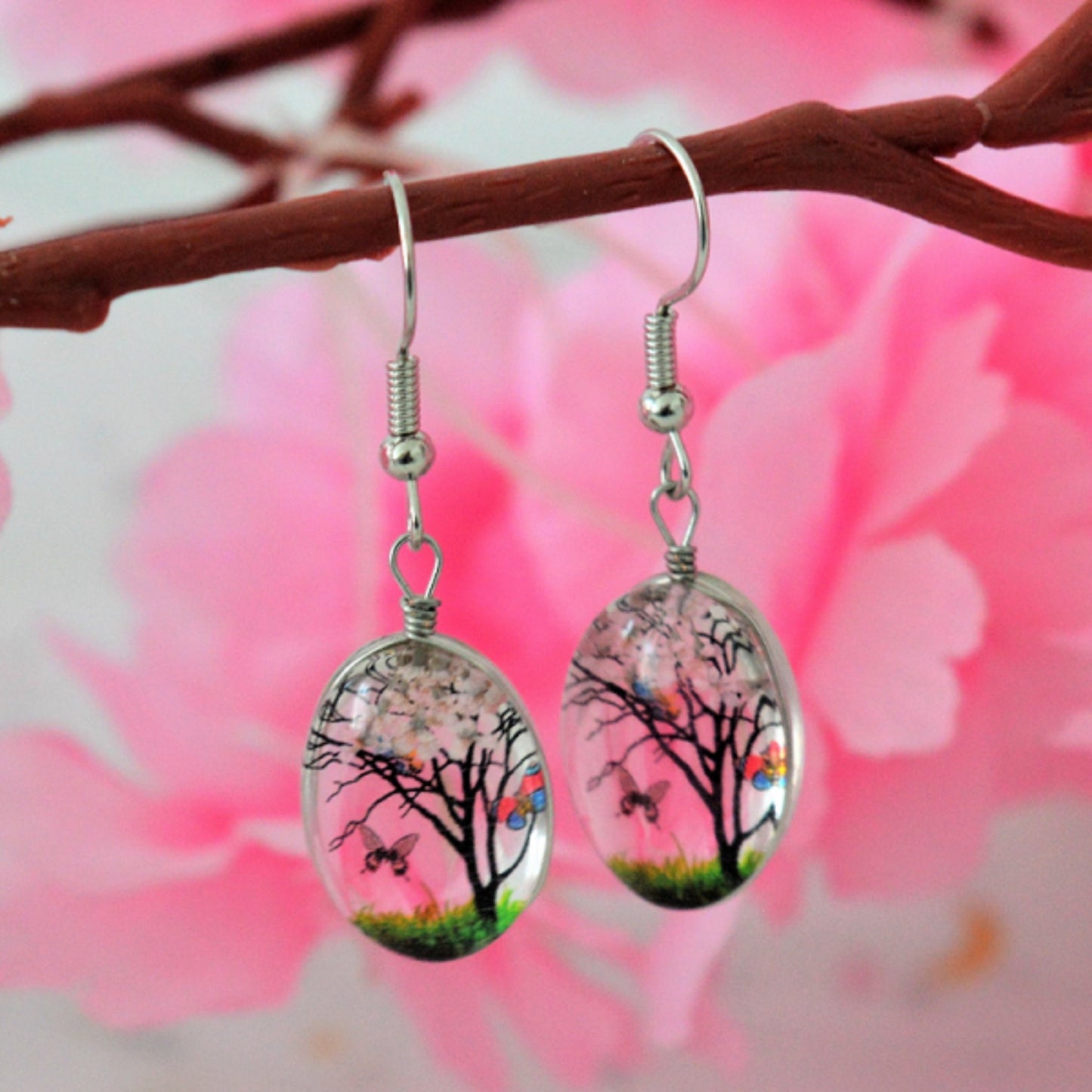 Boucles d'oreilles arbre fleurs roses séchées