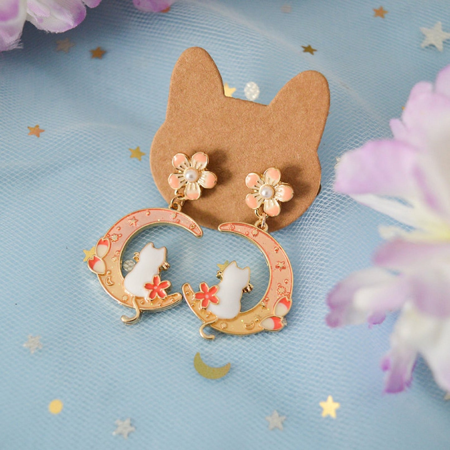 Boucles d'oreilles chat blanc et croissant de lune rose