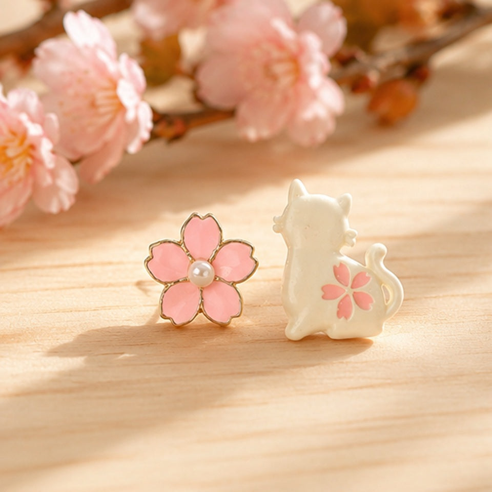 Boucles d'oreilles chat blanc et sakura rose