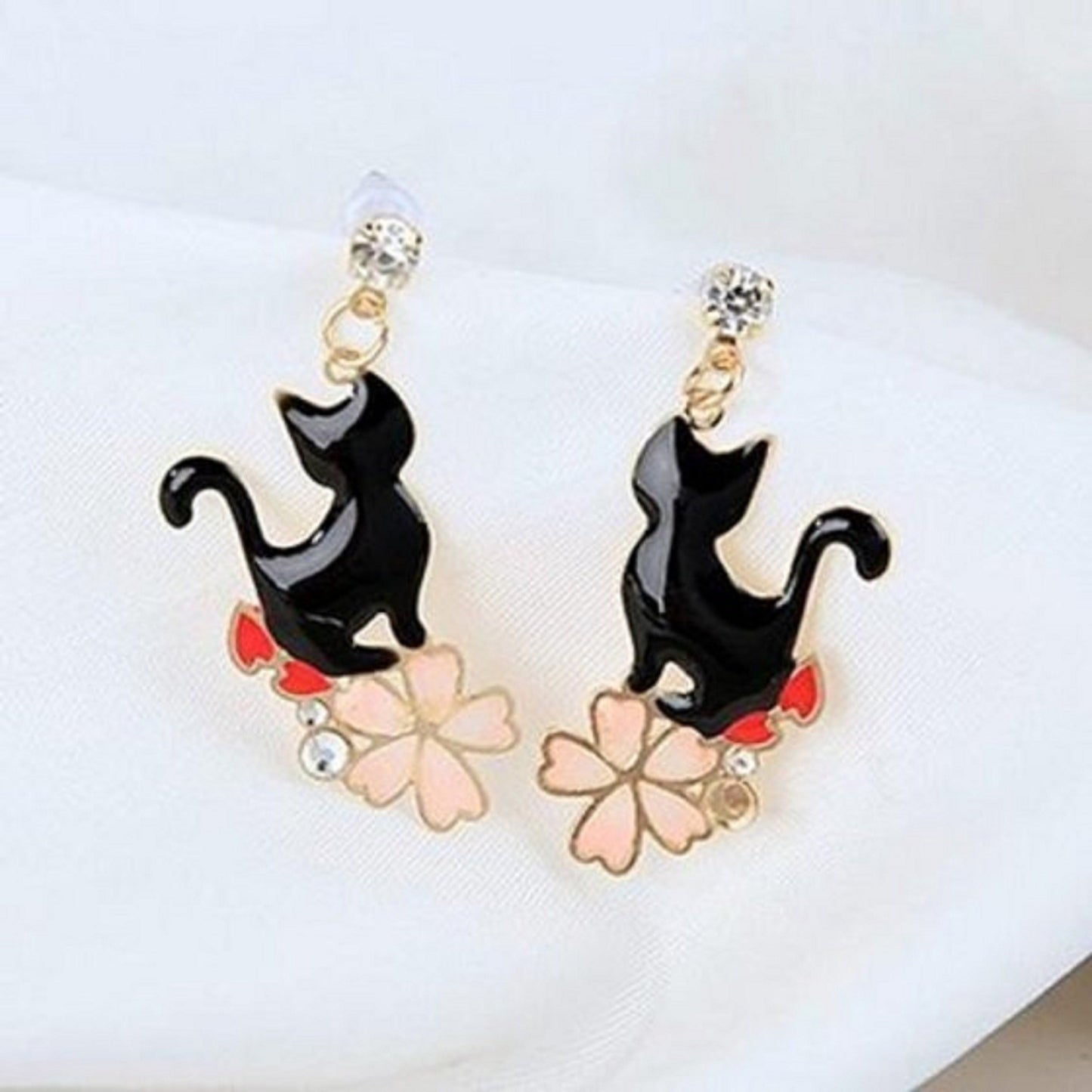 Boucles d'oreilles chat noir et sa fleur