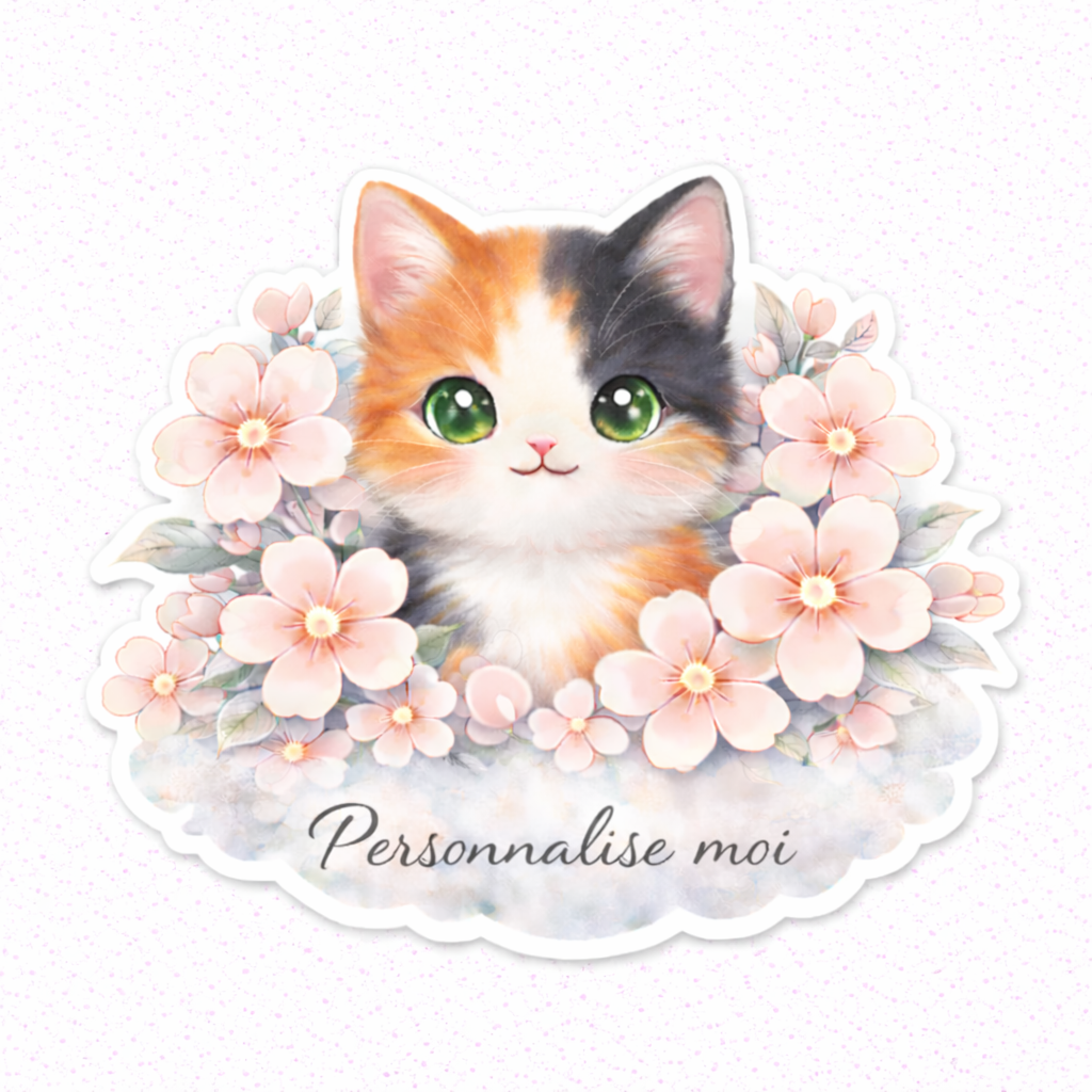 Sticker prénom personnalisé chat et petites fleurs