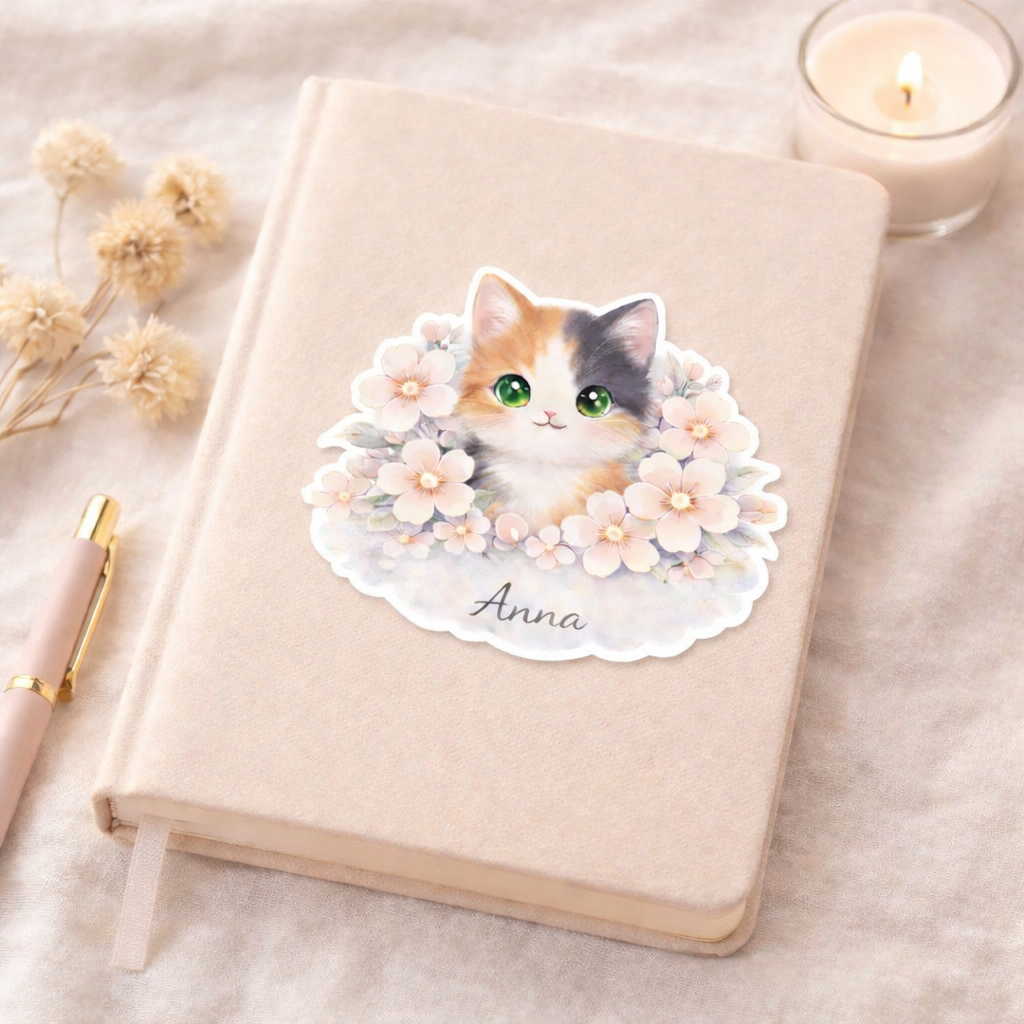 Sticker prénom personnalisé chat et petites fleurs