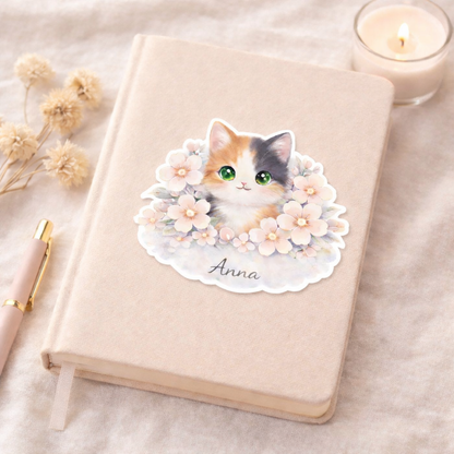 Sticker prénom personnalisé chat et petites fleurs