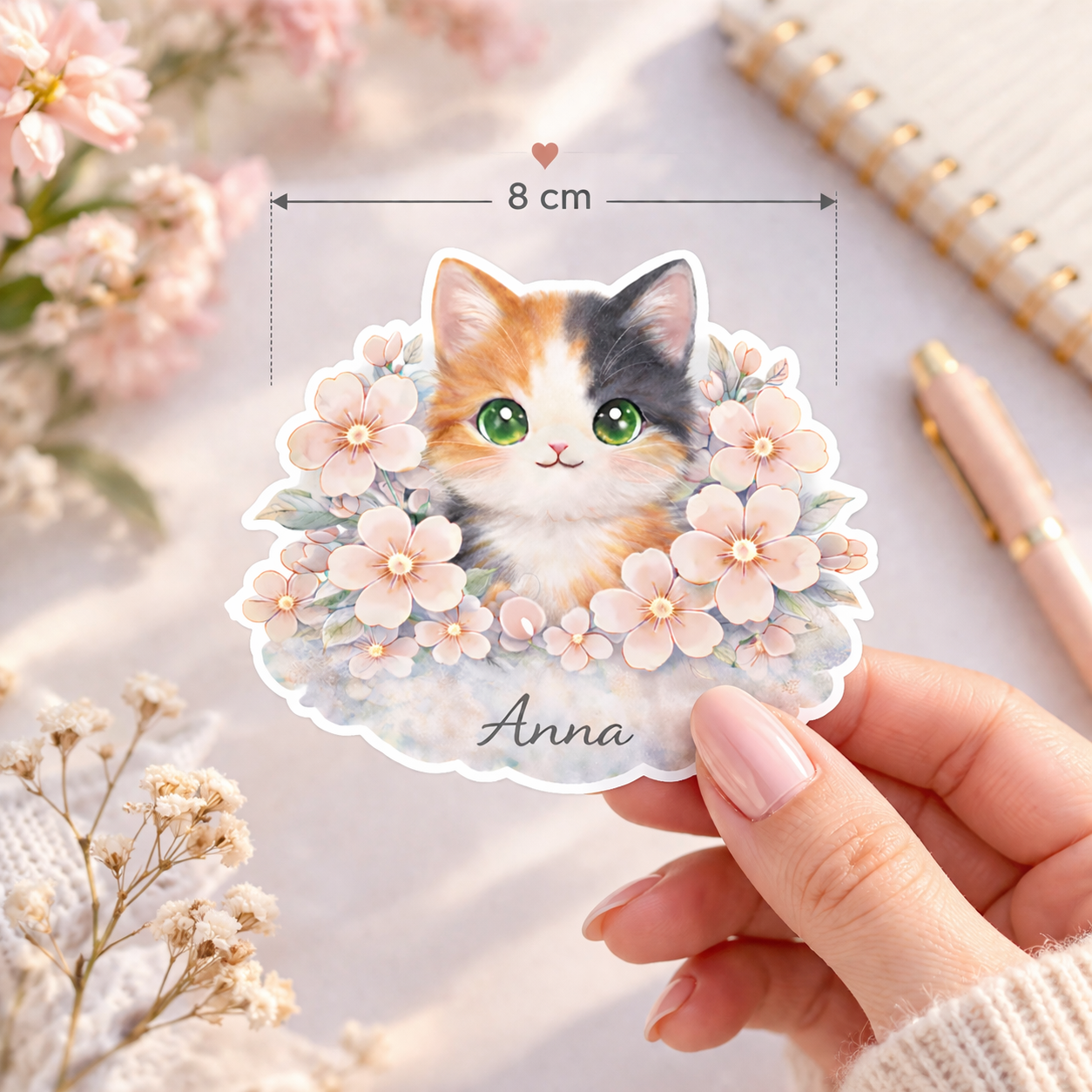 Sticker prénom personnalisé chat et petites fleurs