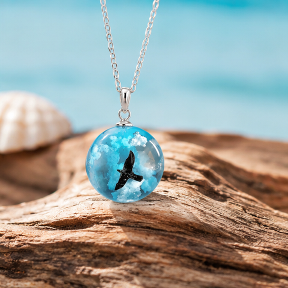 Collier bout de ciel porté au cou – pendentif boule verre transparente et bleue