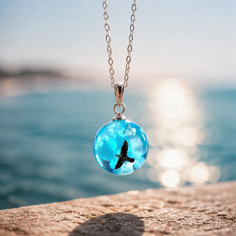 Collier pendentif ciel bleu – vue de profil boule verre avec oiseau noir