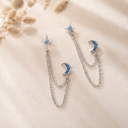 Double boucles d'oreilles lune étoile strass bleus