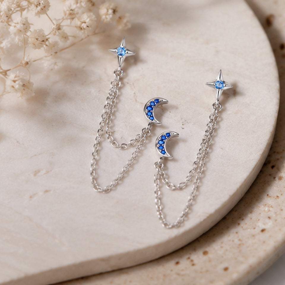 Double boucles d'oreilles lune étoile strass bleus