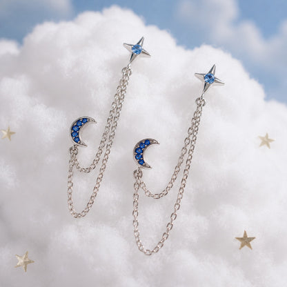 Double boucles d'oreilles lune étoile strass bleus