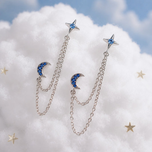 Double boucles d'oreilles lune étoile strass bleus