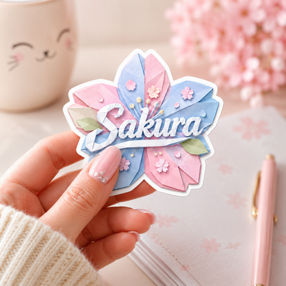 Sticker prénom personnalisé fleur de sakura style origami