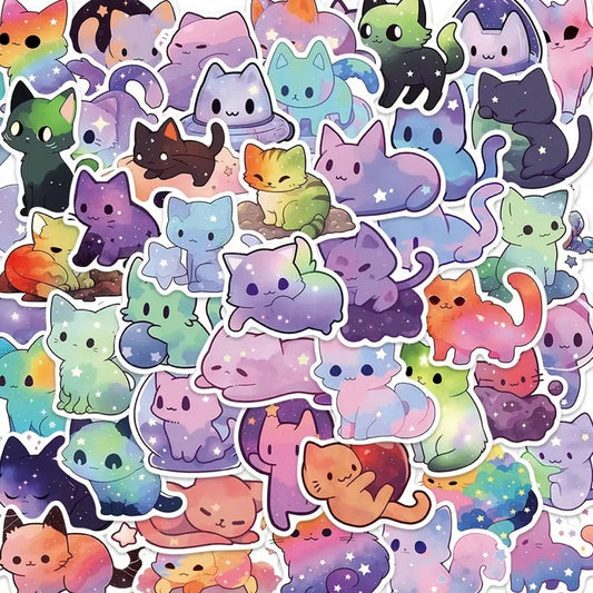 des stickers en forme de chat aux couleurs de la galaxie. Coloris multicolores, décorés d'étoiles et de nuages de toutes les couleurs.