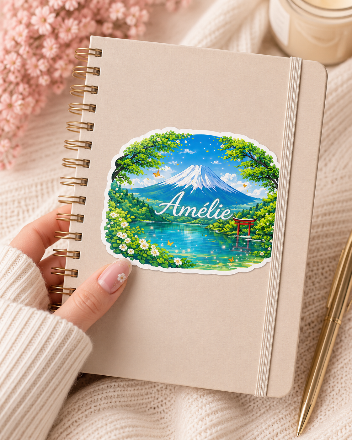 Sticker prénom personnalisé "Vue du mont Fuji"