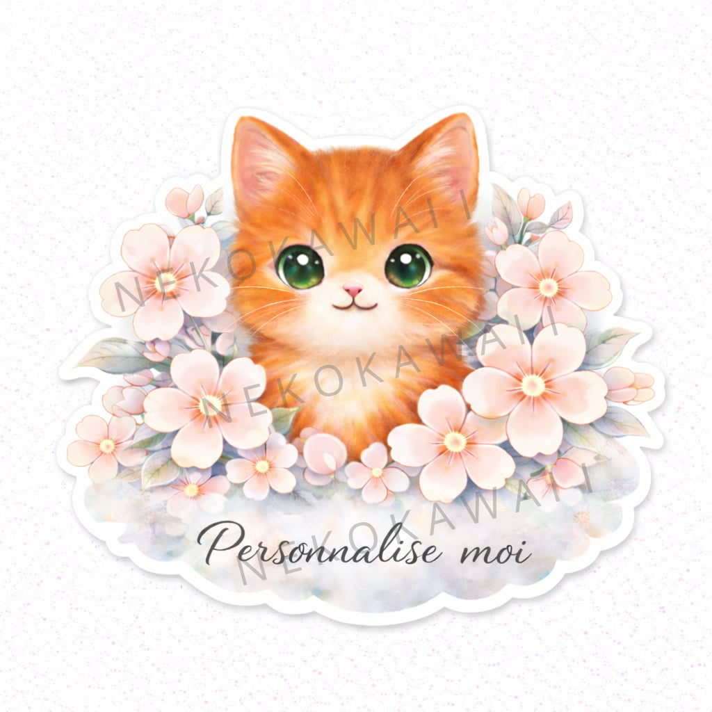 Sticker prénom personnalisé chat et petites fleurs