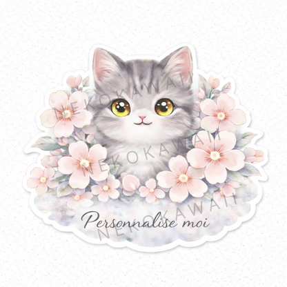 Sticker prénom personnalisé chat et petites fleurs