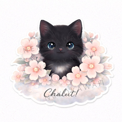 Sticker prénom personnalisé chat et petites fleurs