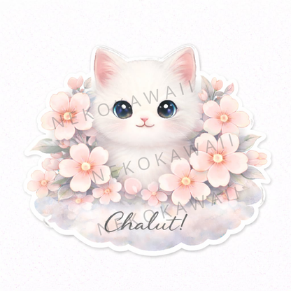 Sticker prénom personnalisé chat et petites fleurs