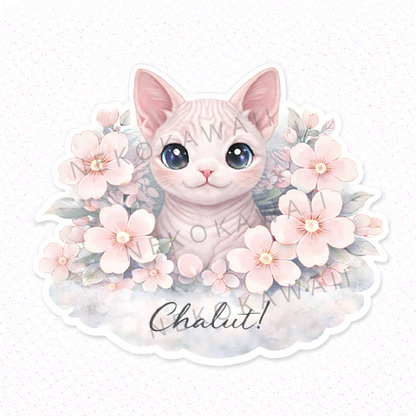 Sticker prénom personnalisé chat et petites fleurs
