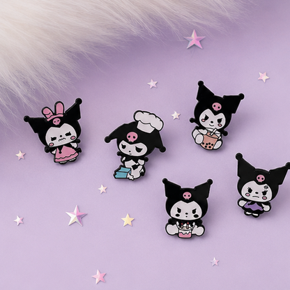 des pin's représentant la douce et rebelle kuromi. Retrouvez-la dans différentes poses et expressions qui mettent en avant son caractère joueur et malin.