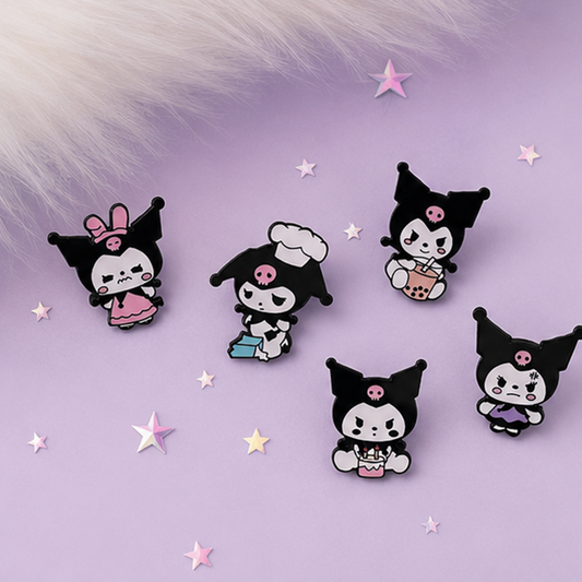 des pin's représentant la douce et rebelle kuromi. Retrouvez-la dans différentes poses et expressions qui mettent en avant son caractère joueur et malin.