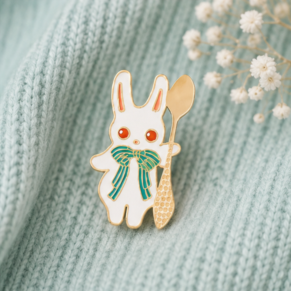 un pin's en forme de lapin blanc aux yeux rouges et qui a un joli noeud papillon vert. Il tient une cuillère dorée.