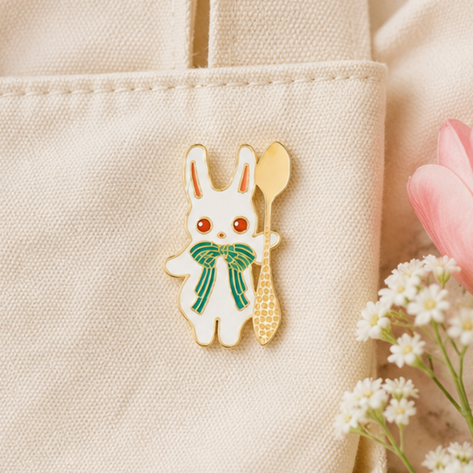 un pin's en forme de lapin blanc aux yeux rouges et qui a un joli noeud papillon vert. Il tient une cuillère dorée.