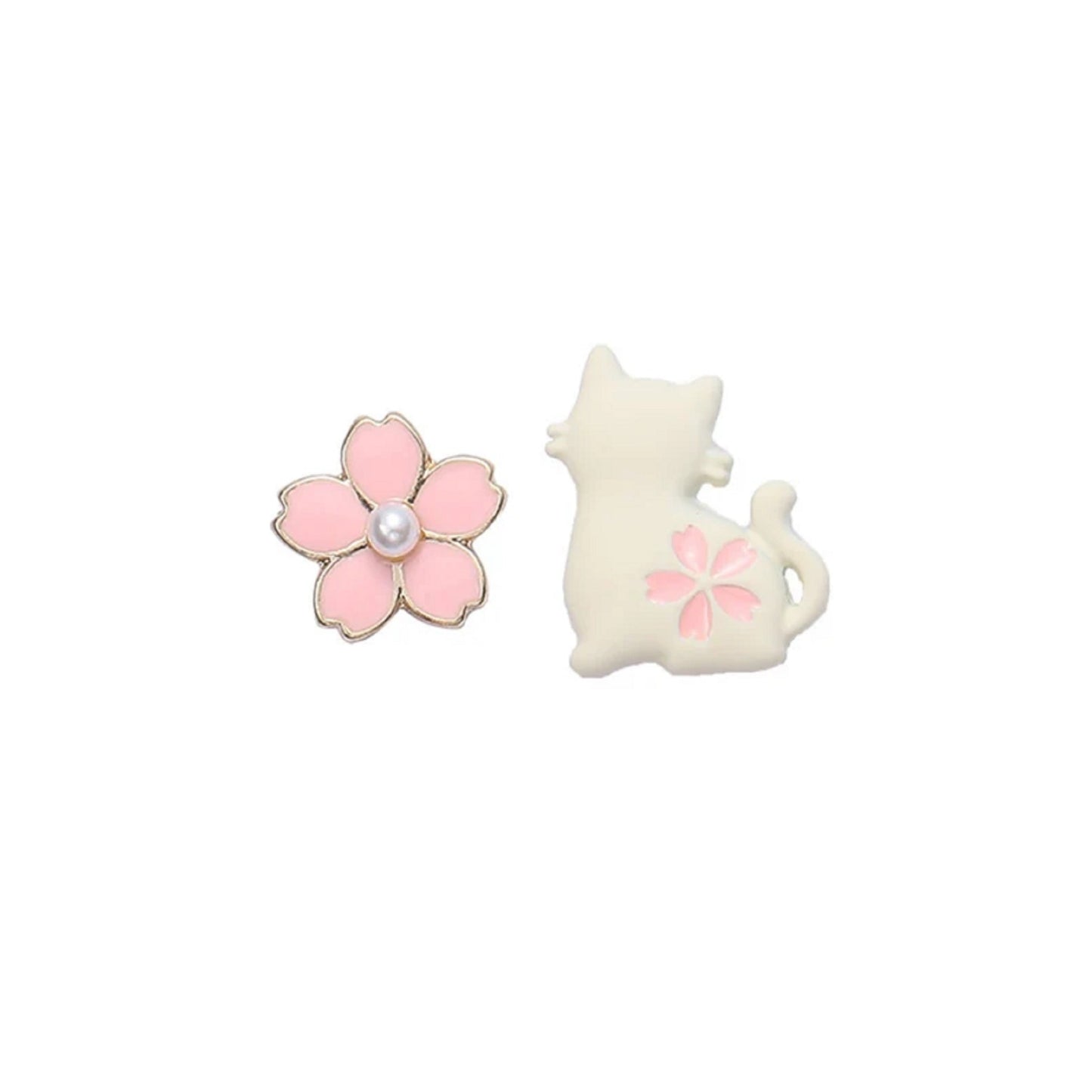 Boucles d'oreilles chat blanc et sakura rose