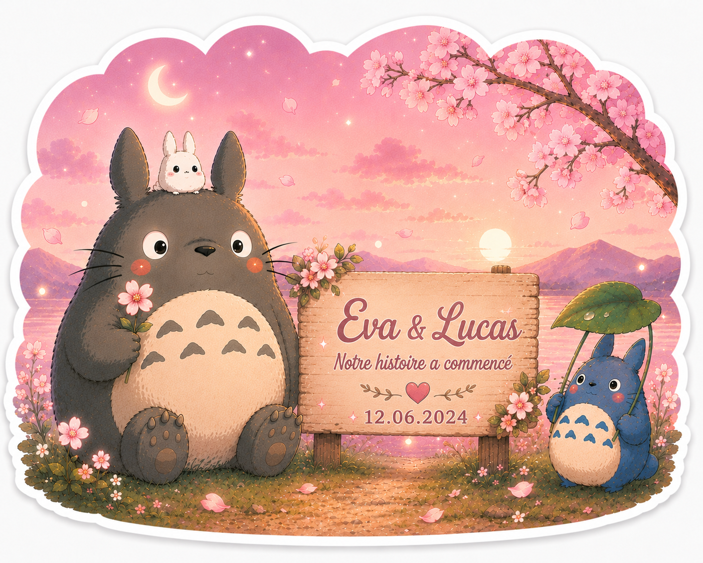 🌸 Sticker Totoro Personnalisé – Prénom, Couple & Date Souvenir 🌸