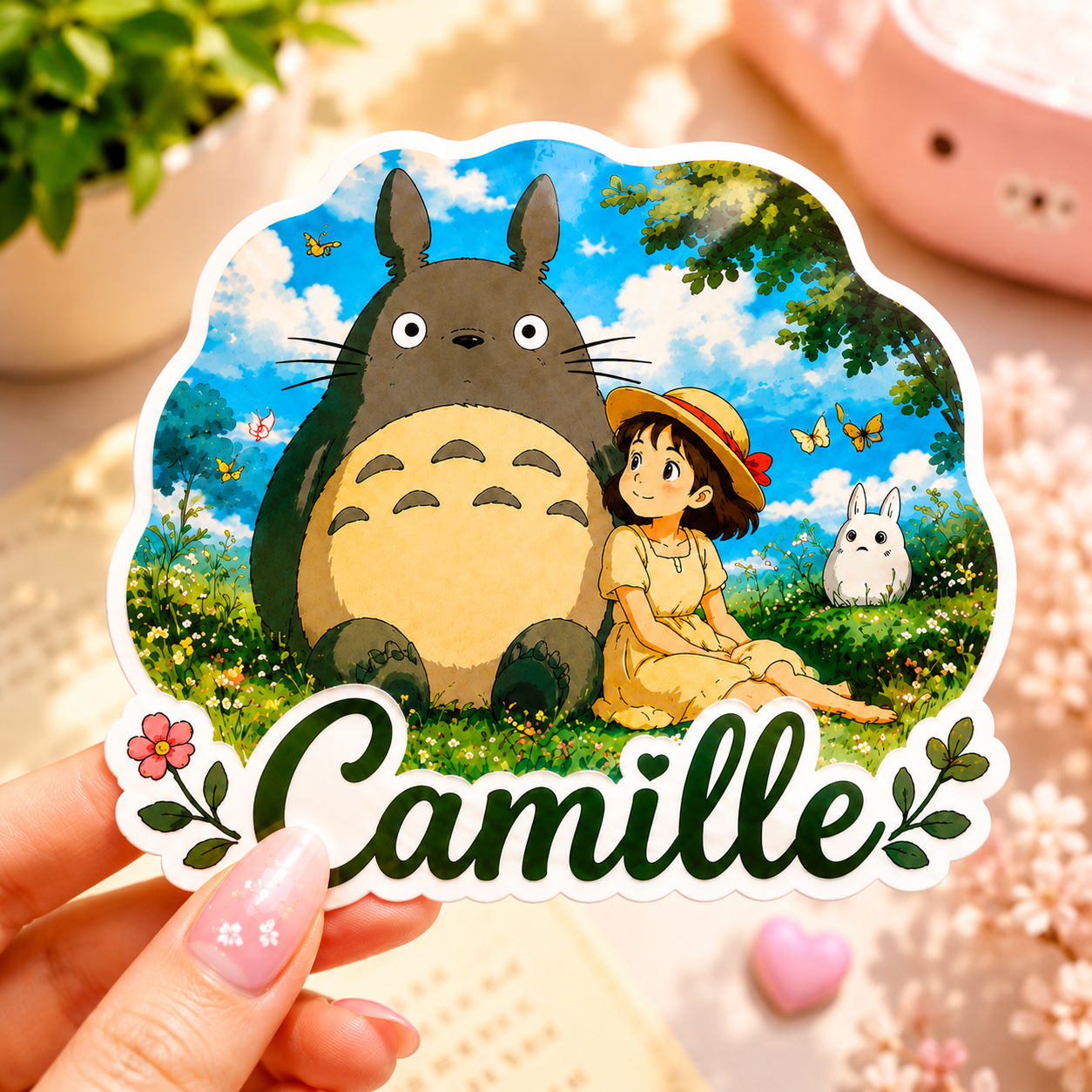 Sticker kawaii personnalisable inspiré d’un univers japonais féerique, représentant un adorable esprit de la forêt accompagné d’une petite fille dans un décor nature plein de fleurs et de papillons ✨ Sticker décoratif avec prénom “Camille”, contour blanc épais parfait pour ordinateur, gourde, carnet ou coque de téléphone.