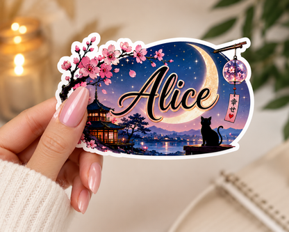 Sticker kawaii japonais avec prénom personnalisé, design sakura lune et pagode, effet glossy ✨