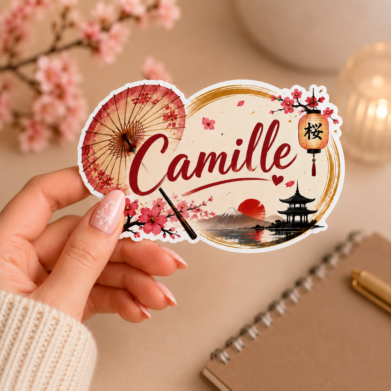 Sticker kawaii prénom personnalisé, effet glossy brillant, découpe contour blanc premium 🌸
