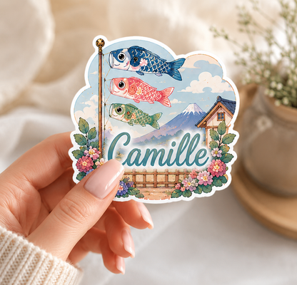 Sticker kawaii koi nobori avec prénom personnalisé, carpes volantes japonaises, effet glossy ✨