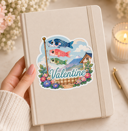 Sticker personnalisable koi nobori kawaii sur un carnet, idée cadeau japonais unique 💕