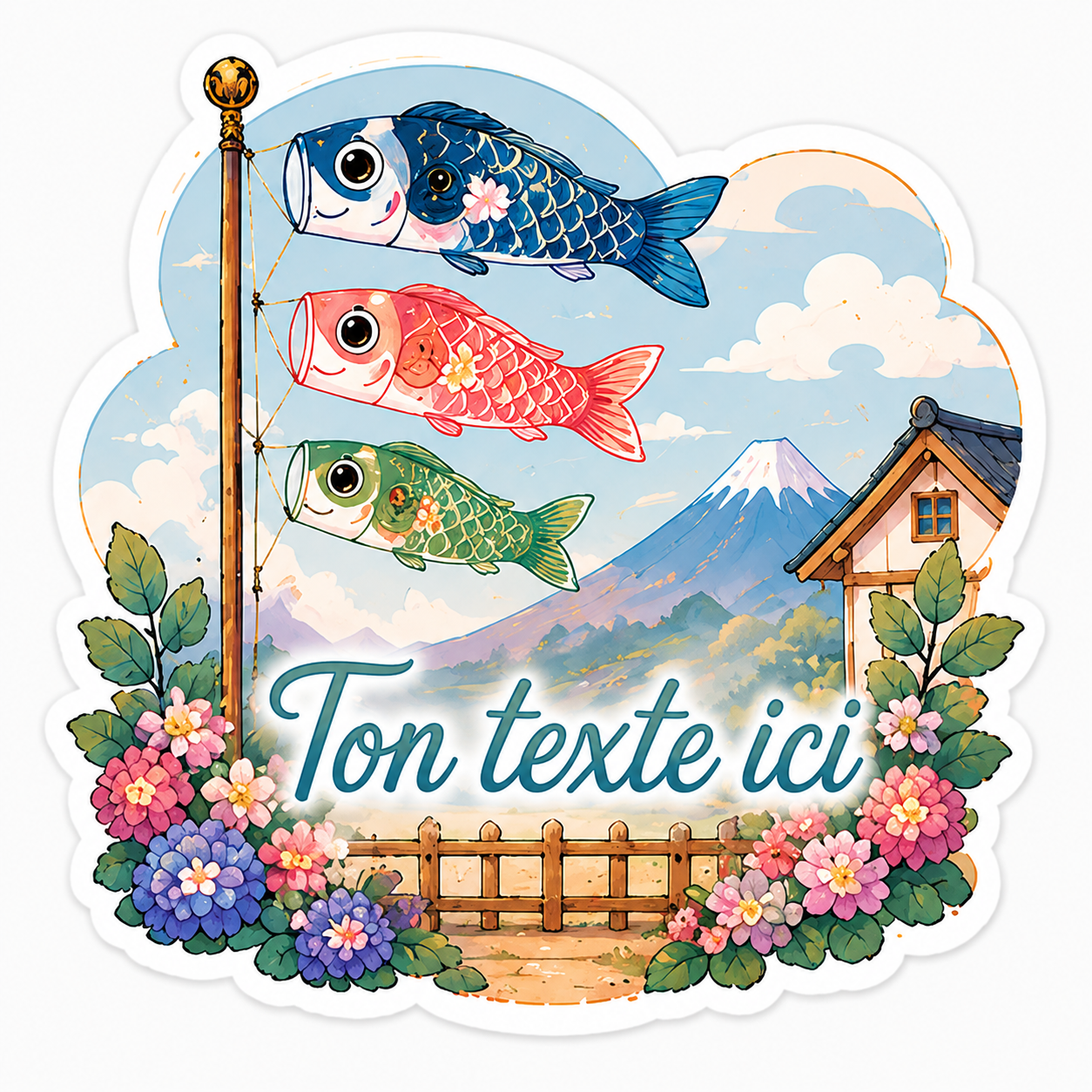 Sticker prénom personnalisable koi nobori kawaii, exemple avec le prénom Camille, design coloré 🎏