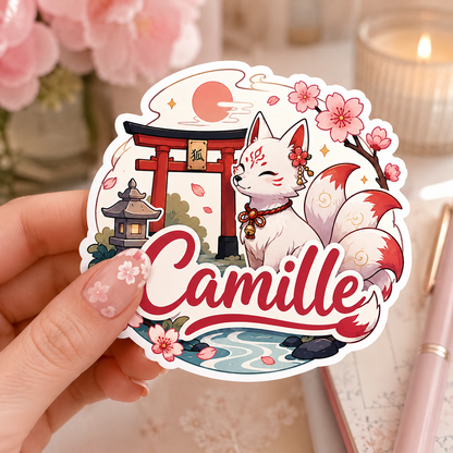 Sticker prénom personnalisable Kitsune Sanctuaire 🦊⛩️✨