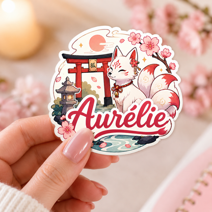 Sticker prénom personnalisable Kitsune Sanctuaire 🦊⛩️✨