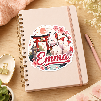 Sticker prénom personnalisable Kitsune Sanctuaire 🦊⛩️✨