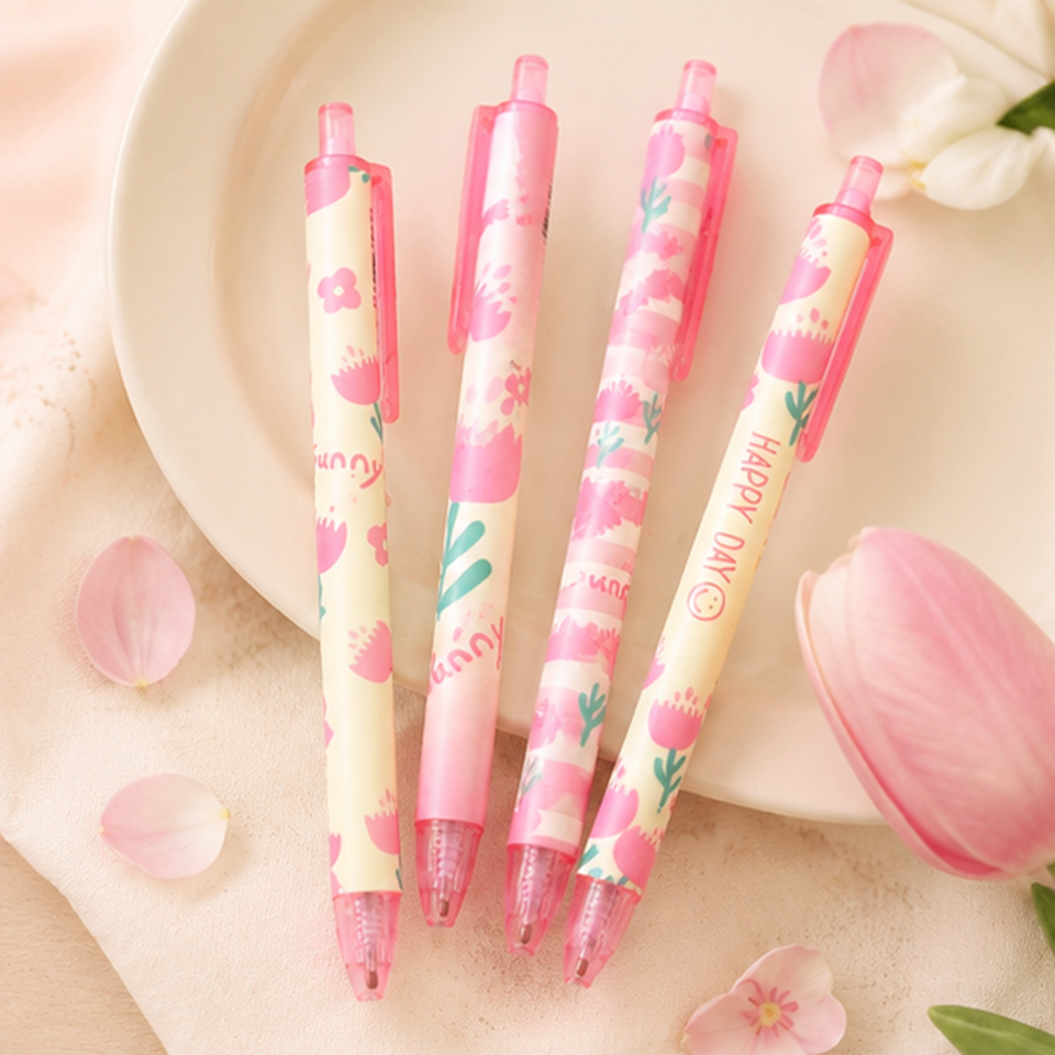 Lot de 4 stylos kawaii roses à motifs floraux pastel, avec tulipes et détails mignons, posés sur une assiette beige entourée de pétales roses dans une ambiance douce et printanière.