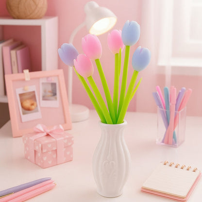 des stylos en forme de tulipe. Le stylo est thermie : la fleur blanche devient colorée au soleil ! C'est un stylo original plein de poésie.