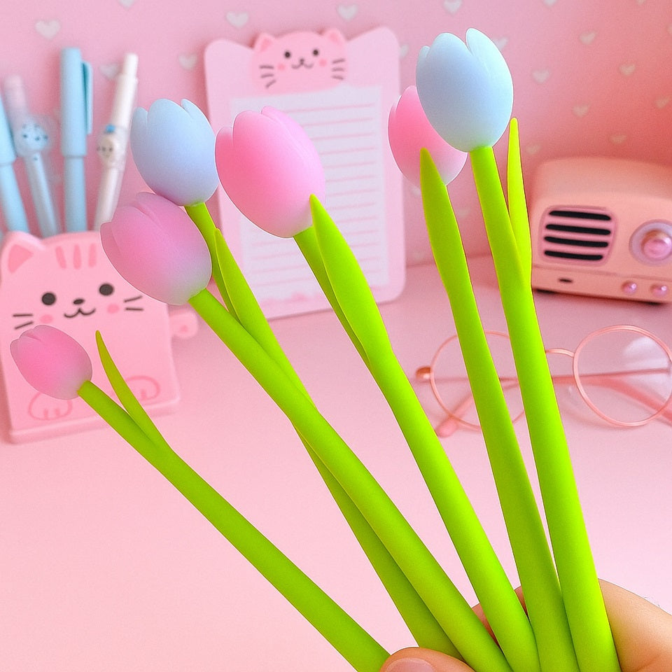 des stylos en forme de tulipe. Le stylo est thermie : la fleur blanche devient colorée au soleil ! C'est un stylo original plein de poésie.