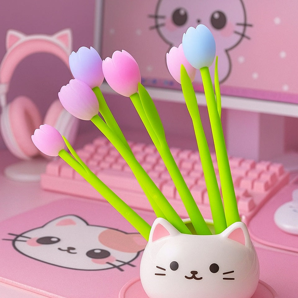 des stylos en forme de tulipe. Le stylo est thermie : la fleur blanche devient colorée au soleil ! C'est un stylo original plein de poésie.