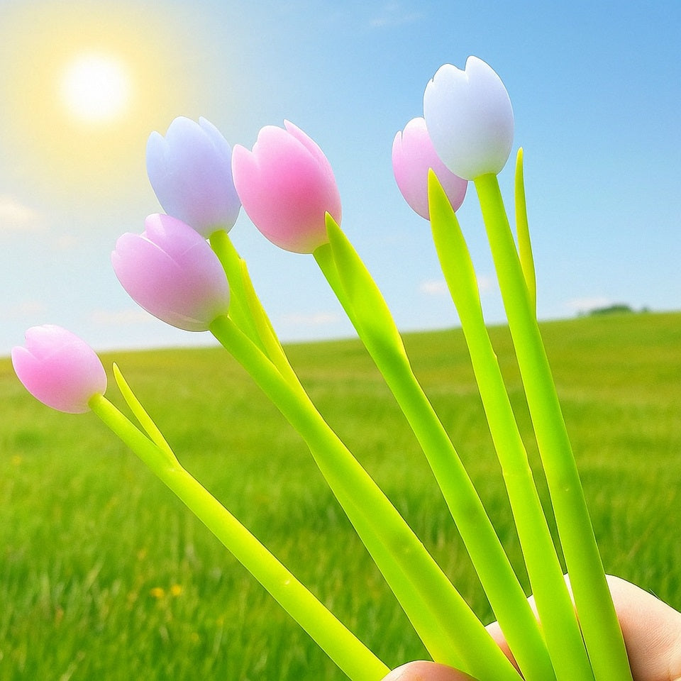des stylos en forme de tulipe. Le stylo est thermie : la fleur blanche devient colorée au soleil ! C'est un stylo original plein de poésie.