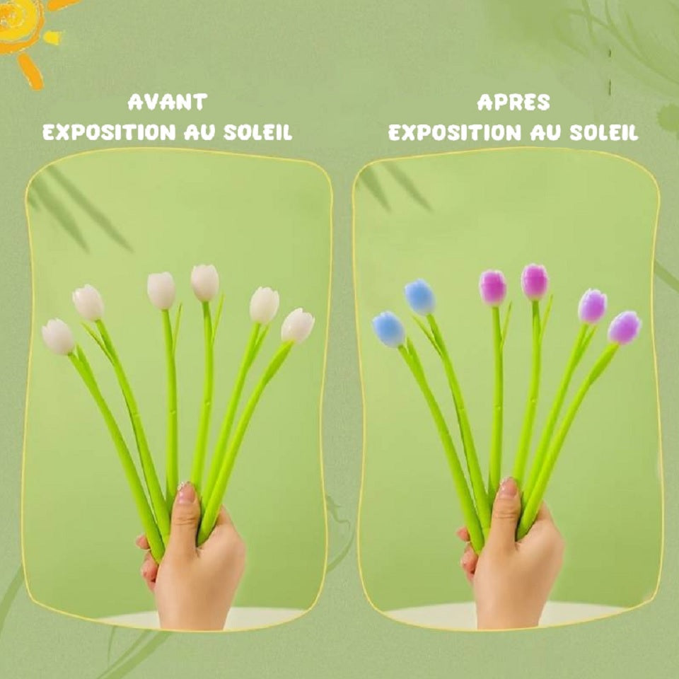 des stylos en forme de tulipe. Le stylo est thermie : la fleur blanche devient colorée au soleil ! C'est un stylo original plein de poésie.