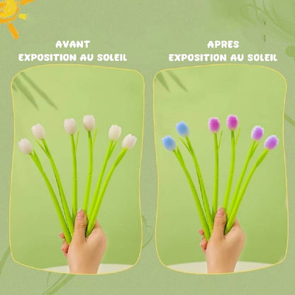 des stylos en forme de tulipe. Le stylo est thermie : la fleur blanche devient colorée au soleil ! C'est un stylo original plein de poésie.