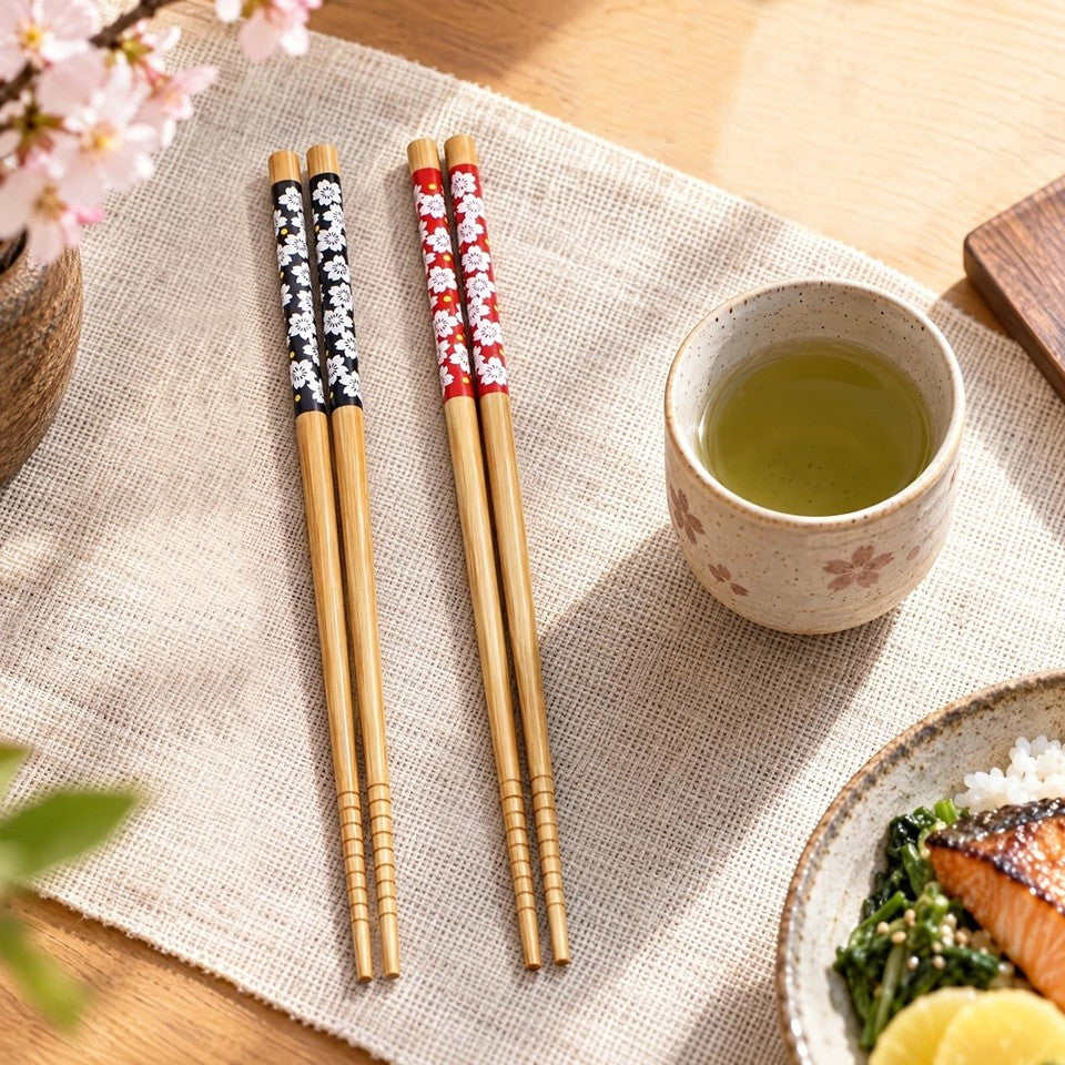 Deux paires de baguettes en bambou, une noire et une rouge, au motif de fleurs de sakura du Japon, posées sur un chemin de table en lin, près d'une tasse de thé. Ambiance zen, calme qui rappelle le Japon.