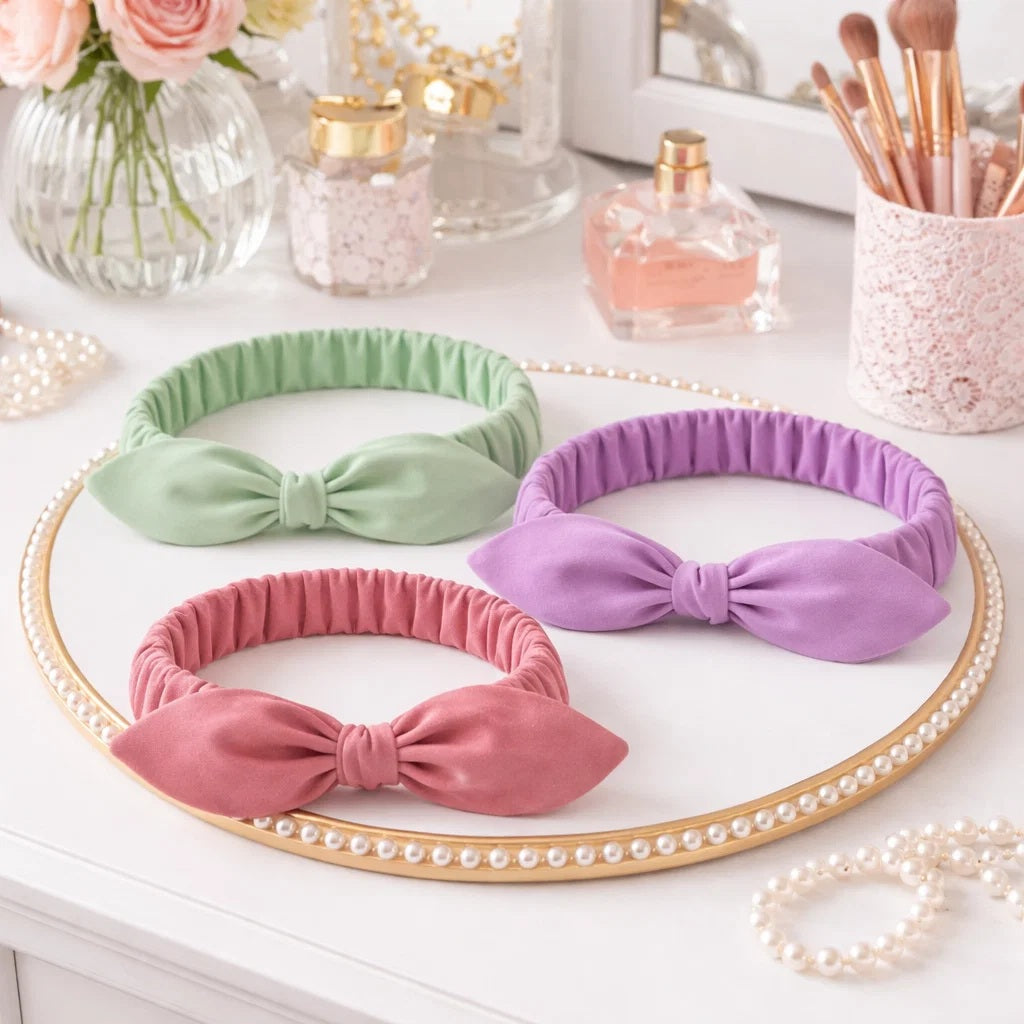 des bandeaux pour cheveux vert, violet ou rose ornés d'un petit noeud tout mignon. Taille élastique.