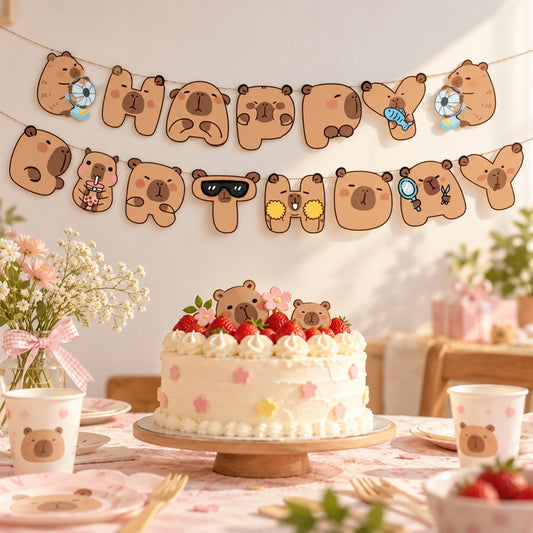 Banderole anniversaire capybara kawaii accrochée au mur, au-dessus d’une table décorée avec un gâteau aux fraises, des fleurs et de la vaisselle pastel pour une fête d’anniversaire adorable et originale.