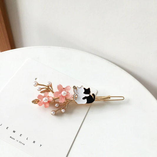Barrette à cheveux chats et fleurs de sakura