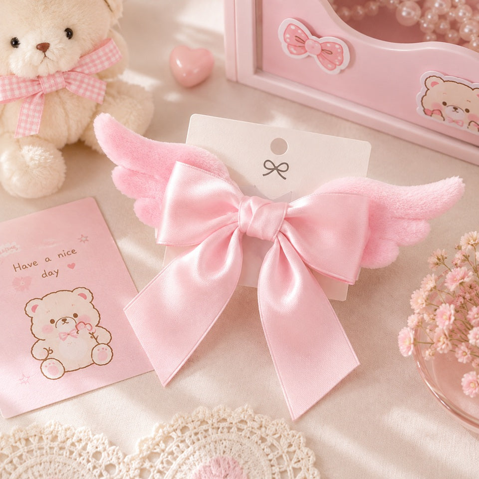 Barrette à cheveux rose avec nœud satiné et ailes d'ange, présentée dans un décor kawaii aux couleurs pastel. Cet accessoire romantique et féminin est idéal pour sublimer une coiffure, compléter un look doux et offrir un cadeau original aux amateurs d'univers kawaii.