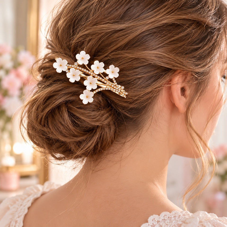 Barrette à cheveux dorée ornée de fleurs blanches de prunier et de strass brillants, portée sur un chignon élégant pour une coiffure romantique et raffinée.